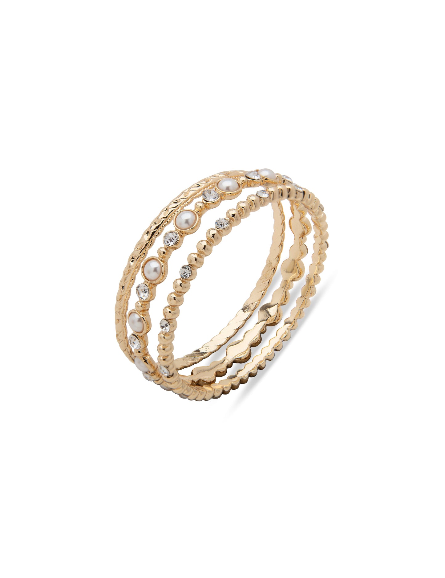 Anne Klein Gold Bangle Bracelet Set with Pearls & Crystals