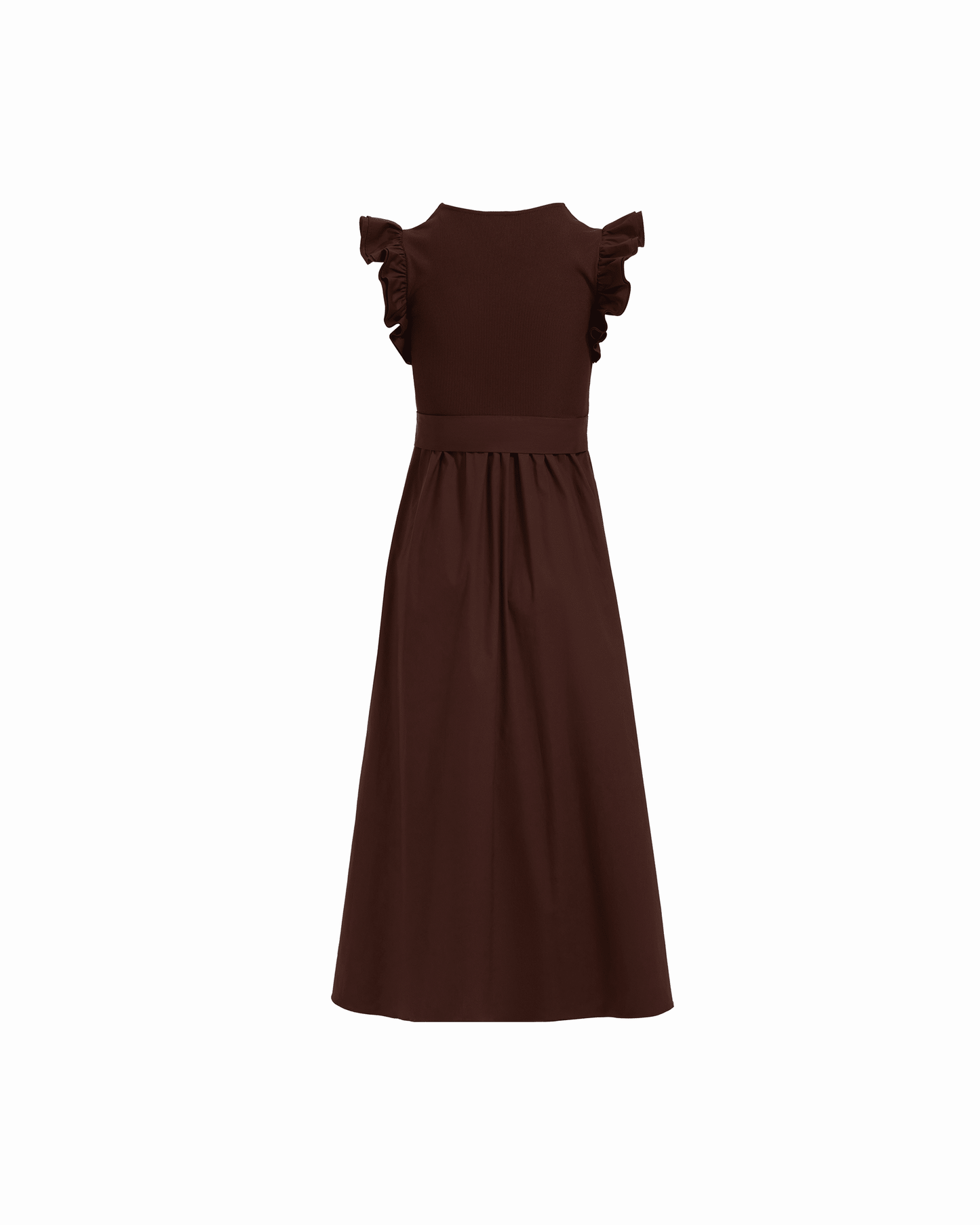 Anne Klein Mixed Media Midi Dress with Ruffle Sleeves in DARK CHOCOLATE | Anne Kl