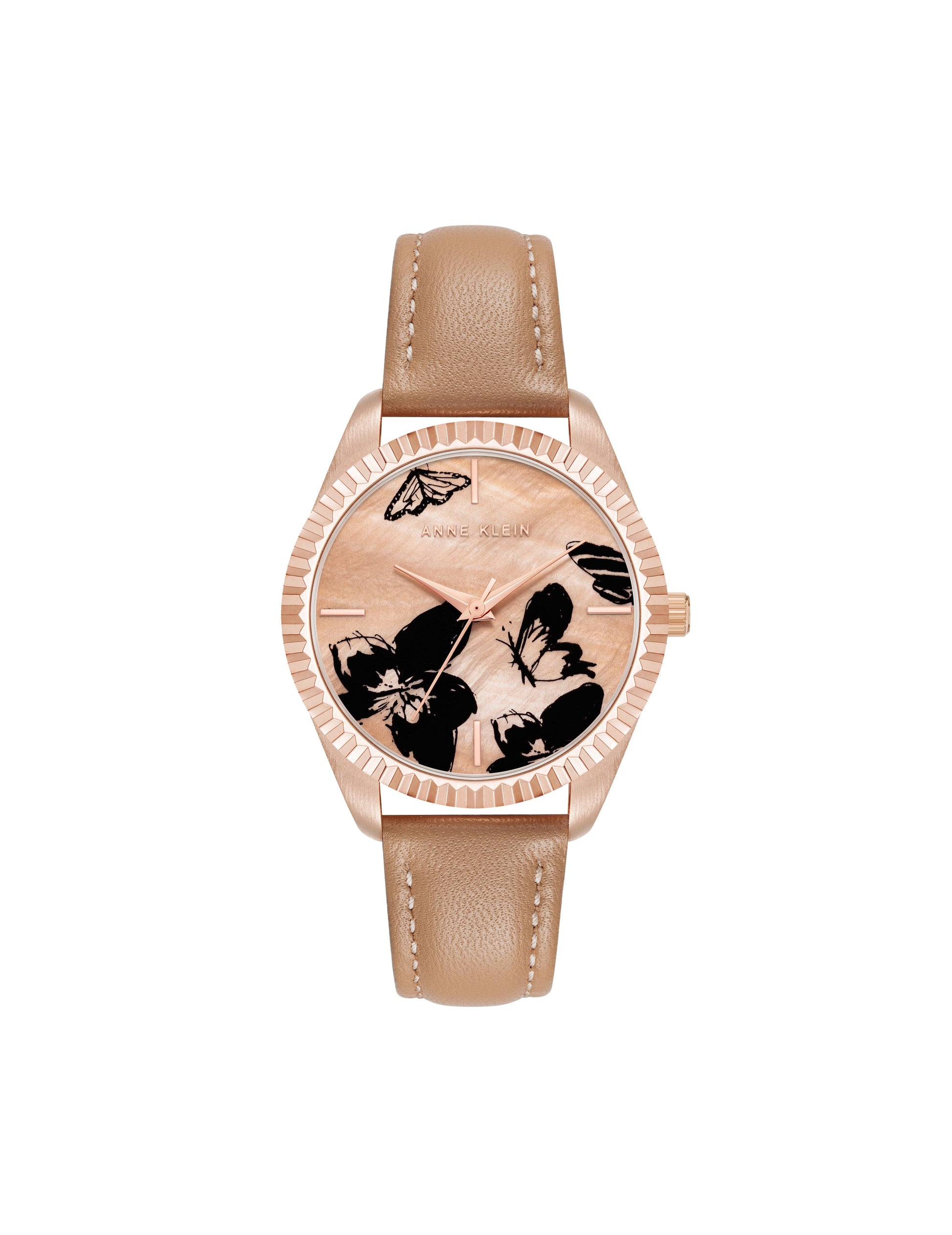Anne Klein Butterfly Dial Leather Strap Watch in Tan / Rose Gold
