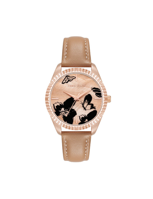 Anne Klein Butterfly Dial Leather Strap Watch in Tan / Rose Gold