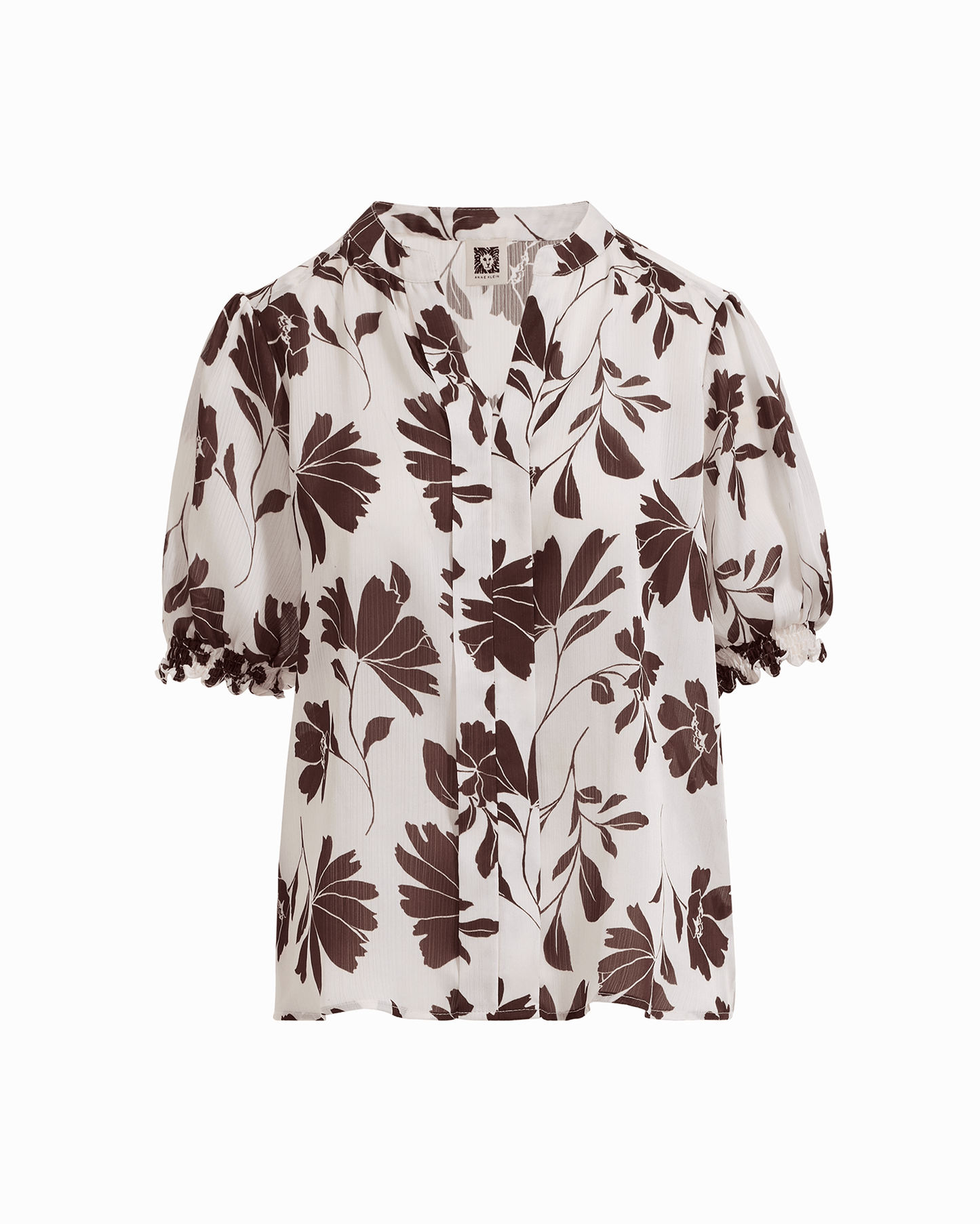 Anne Klein Y-Neck Smocked Cuff Blouse in WHT DV / DK CHOC