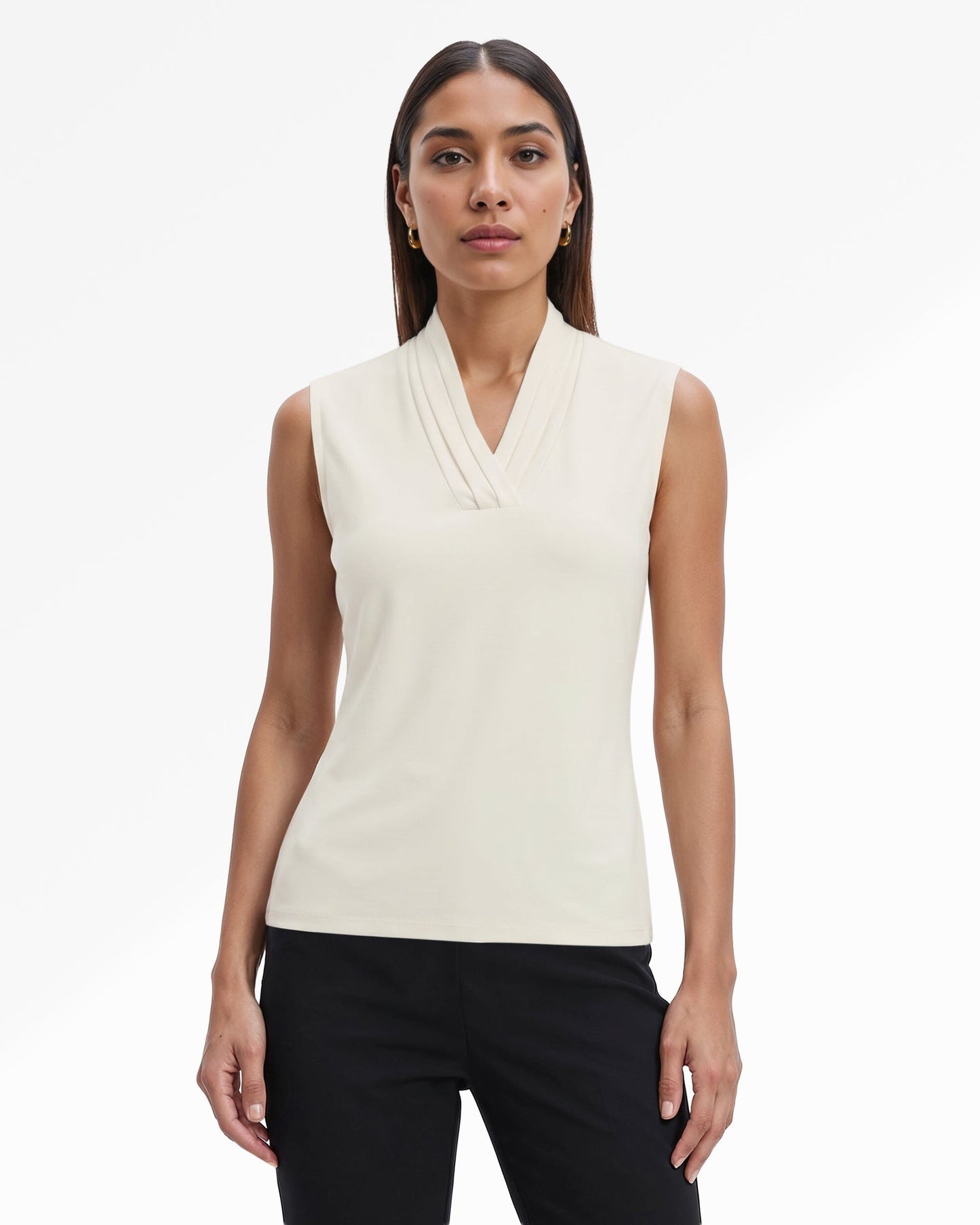 Anne Klein V-Neck Triple Pleat Sleeveless Top