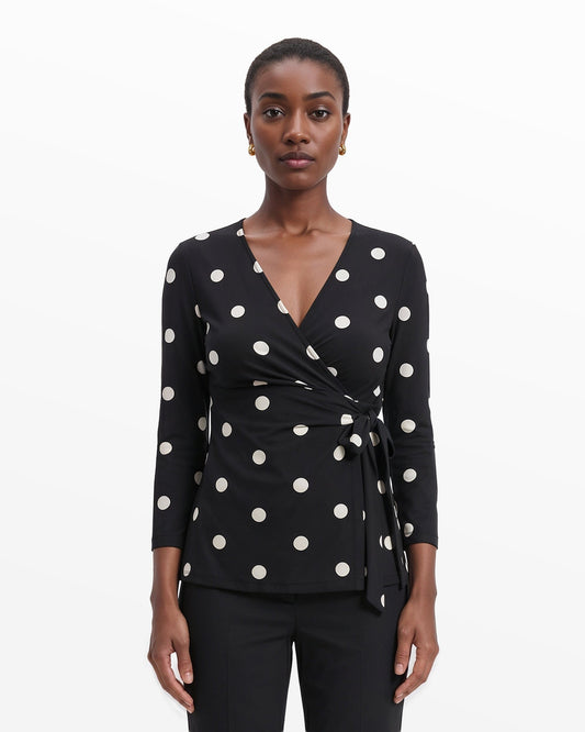 Anne Klein Printed Faux Wrap Top in Polka Dot