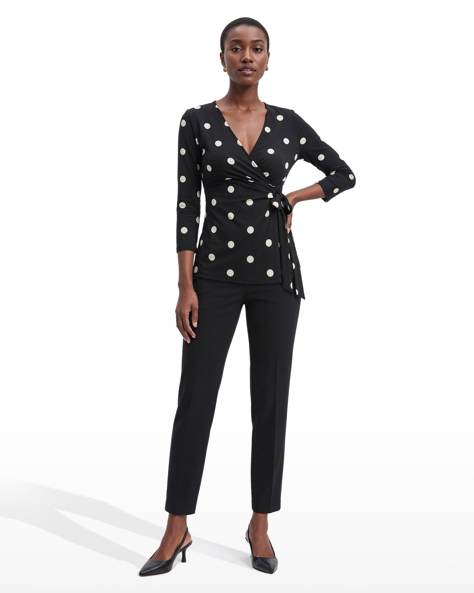 Anne Klein Printed Faux Wrap Top in Polka Dot