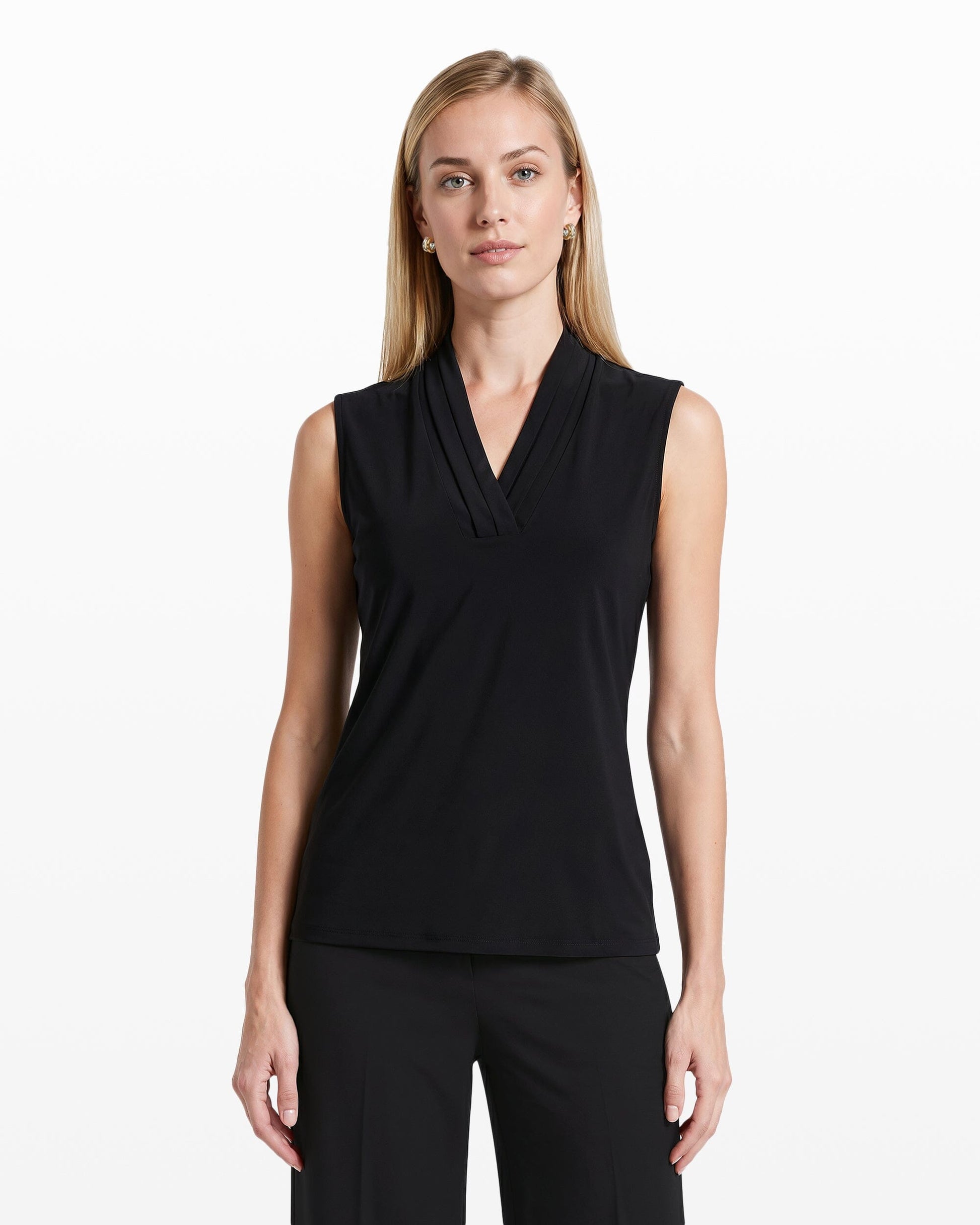 Anne Klein V-Neck Triple Pleat Sleeveless Top