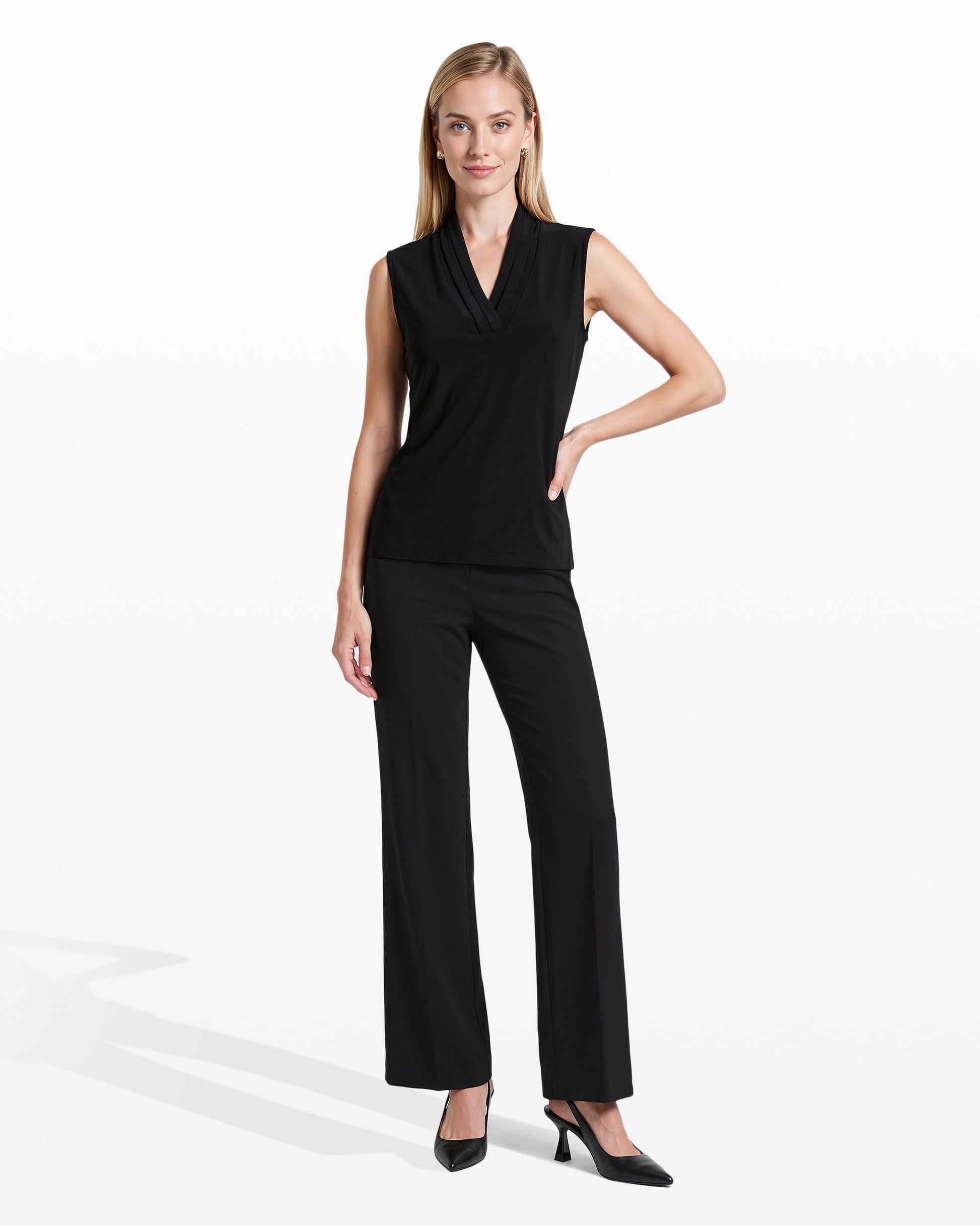 Anne Klein V-Neck Triple Pleat Sleeveless Top
