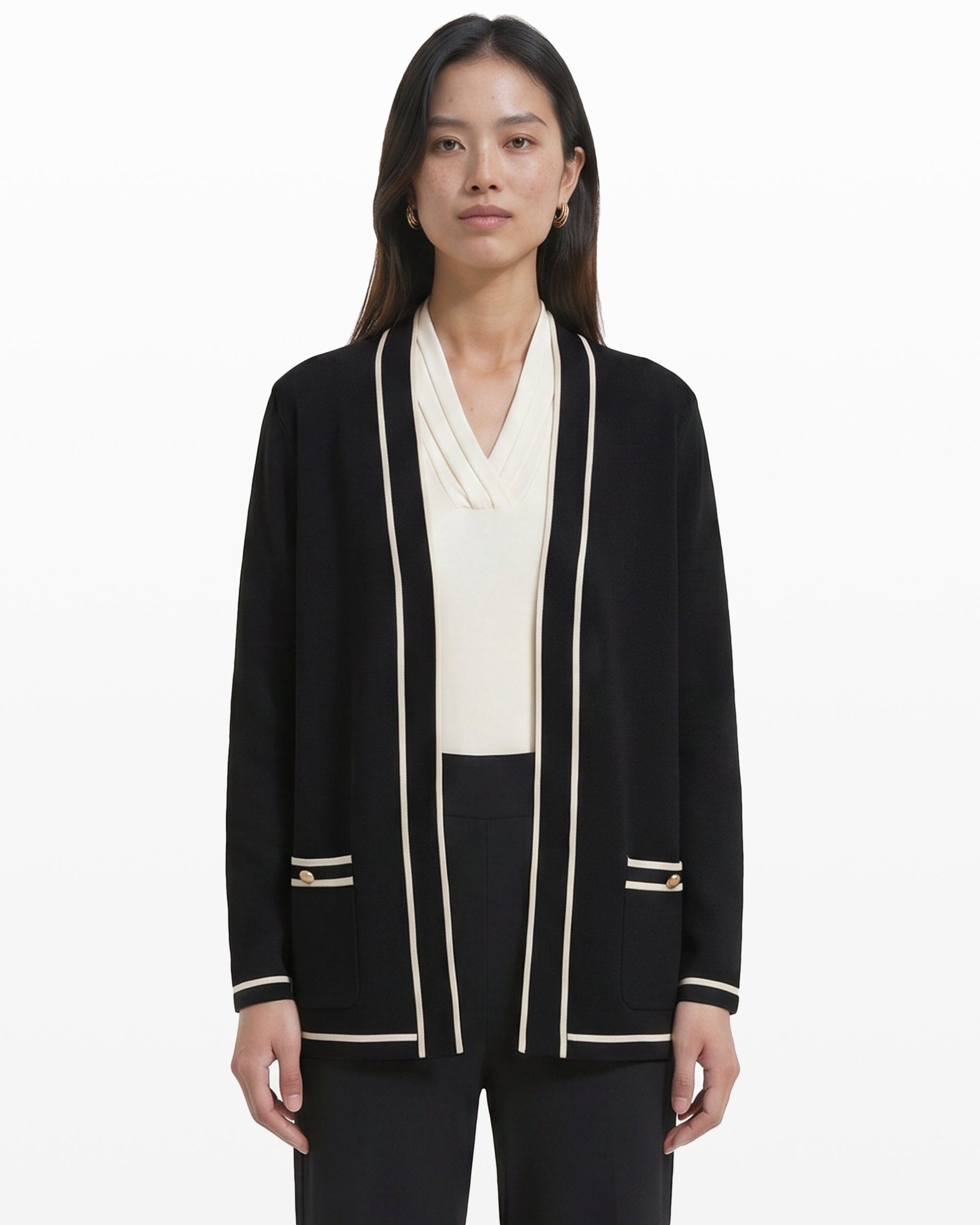 Anne Klein Open-Front Cardigan with Contrast Tipping
