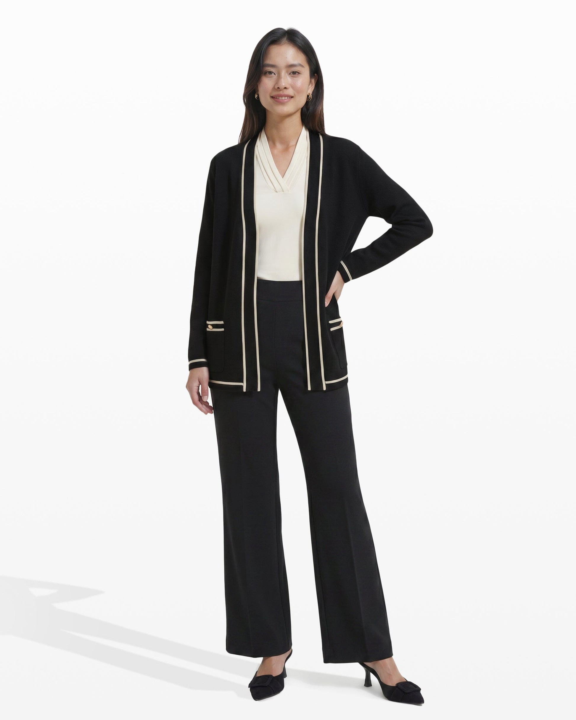 Anne Klein Open-Front Cardigan with Contrast Tipping