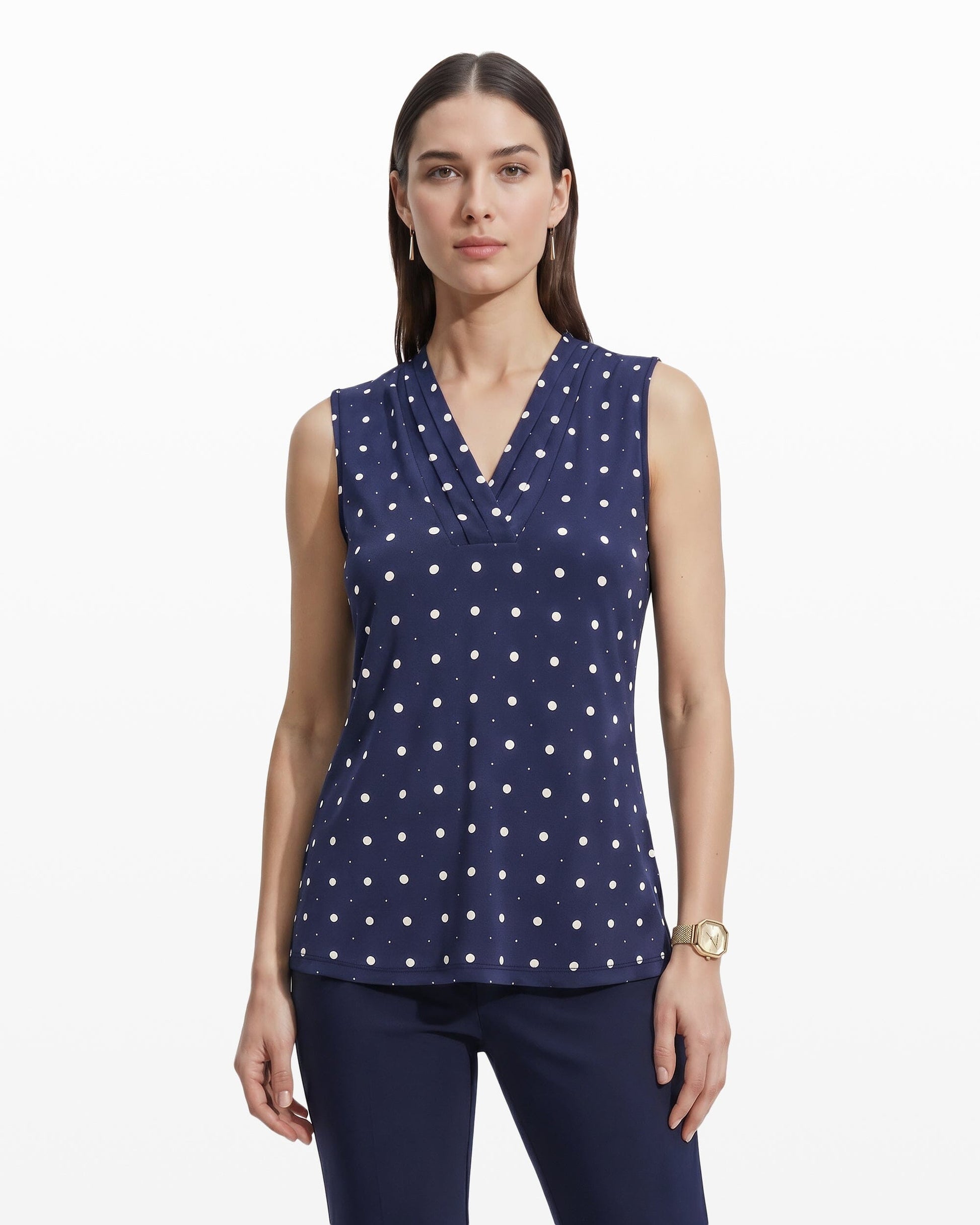 Anne Klein Printed Sleeveless V-Neck Pleat Top