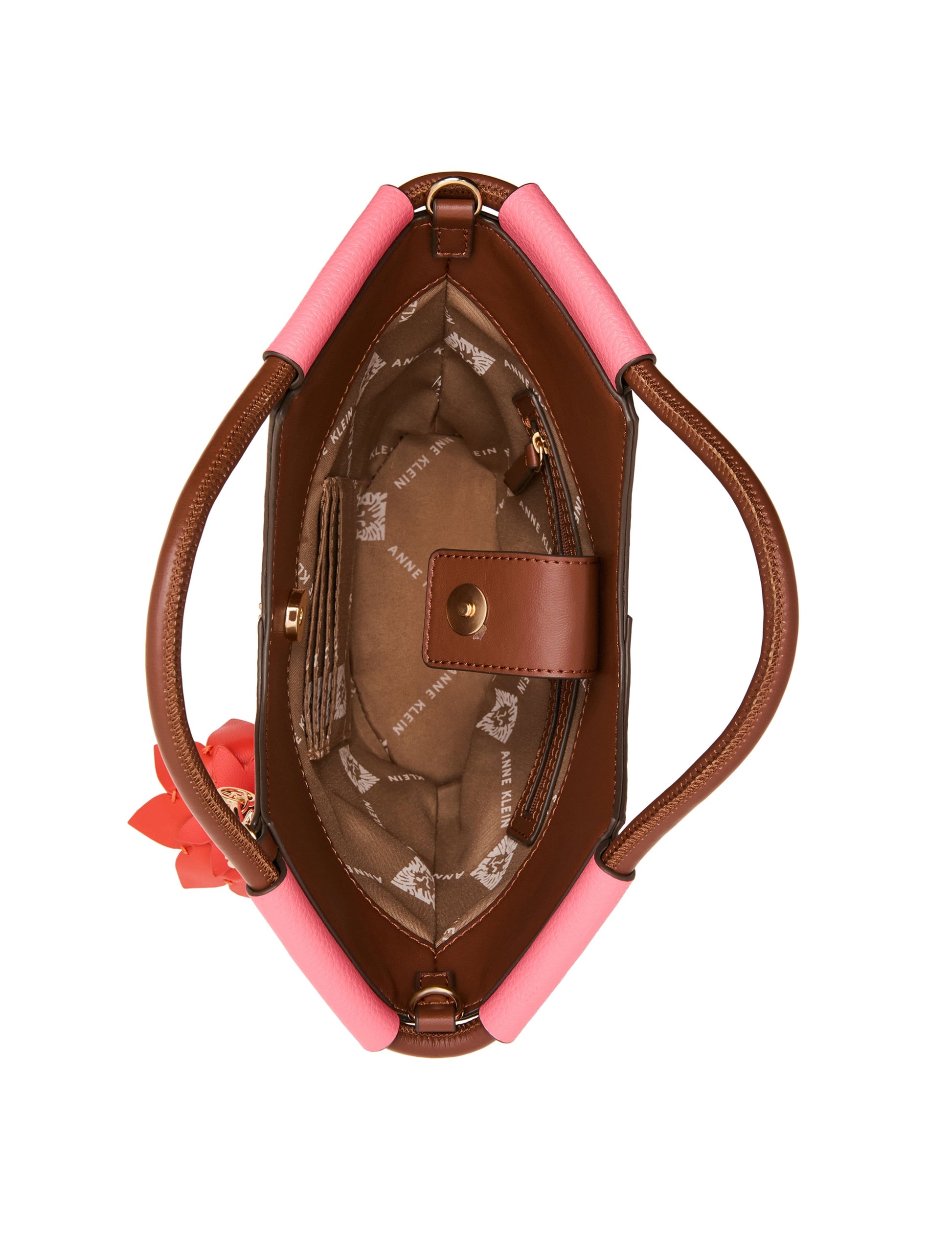 Anne Klein Small Tote Bag with Bag Charm in Watermelon / Hazelnut