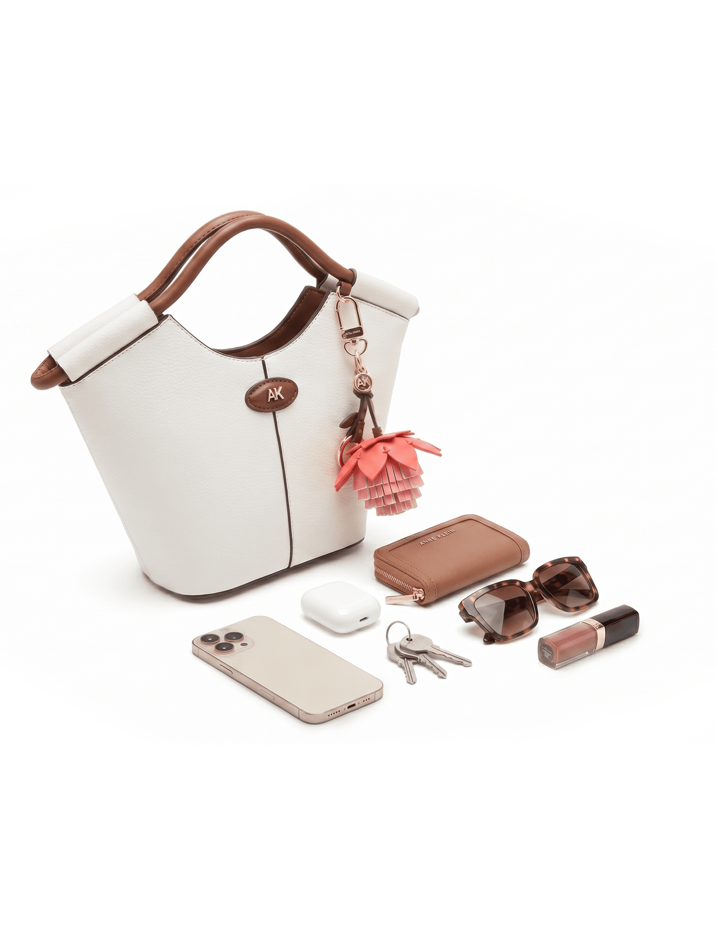 Anne Klein Small Tote Bag with Bag Charm in Vanilla Latte / Hazelnut