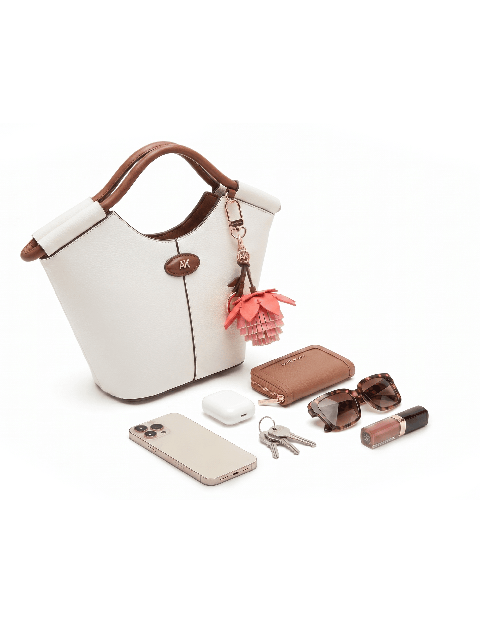 Anne Klein Small Tote Bag with Bag Charm in Vanilla Latte / Hazelnut