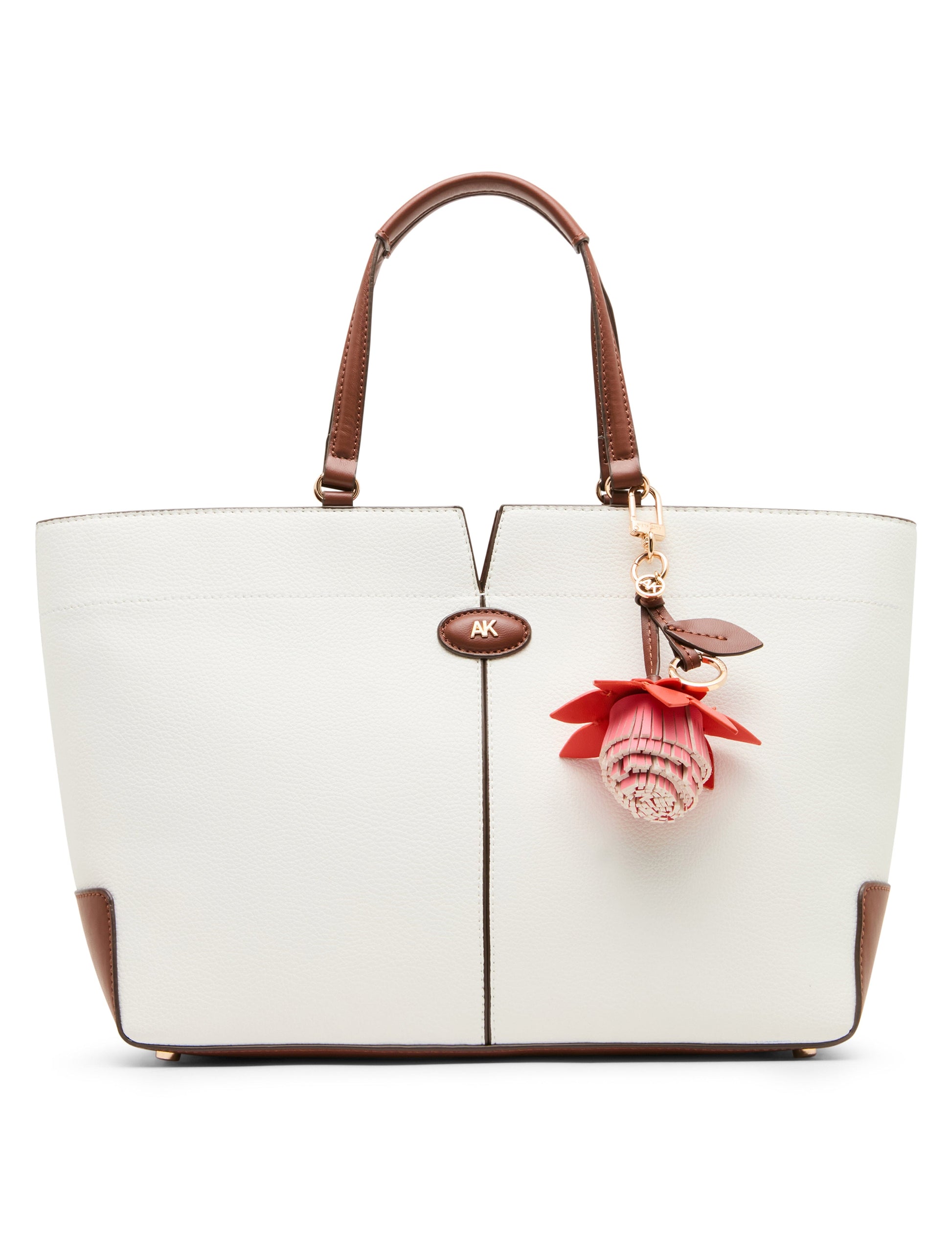 Anne Klein Large East West Tote Bag with Floral Bag Charm in Vanilla Latte / Haze