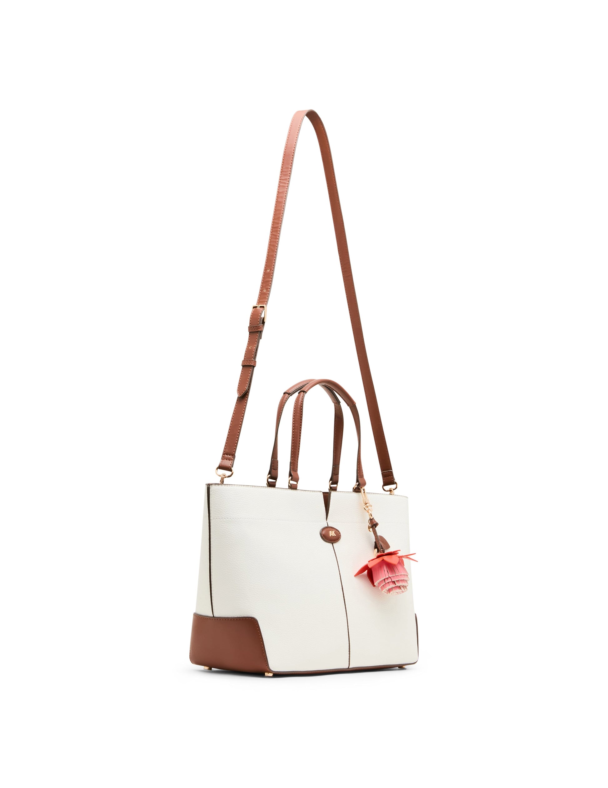 Anne Klein Large East West Tote Bag with Floral Bag Charm in Vanilla Latte / Haze