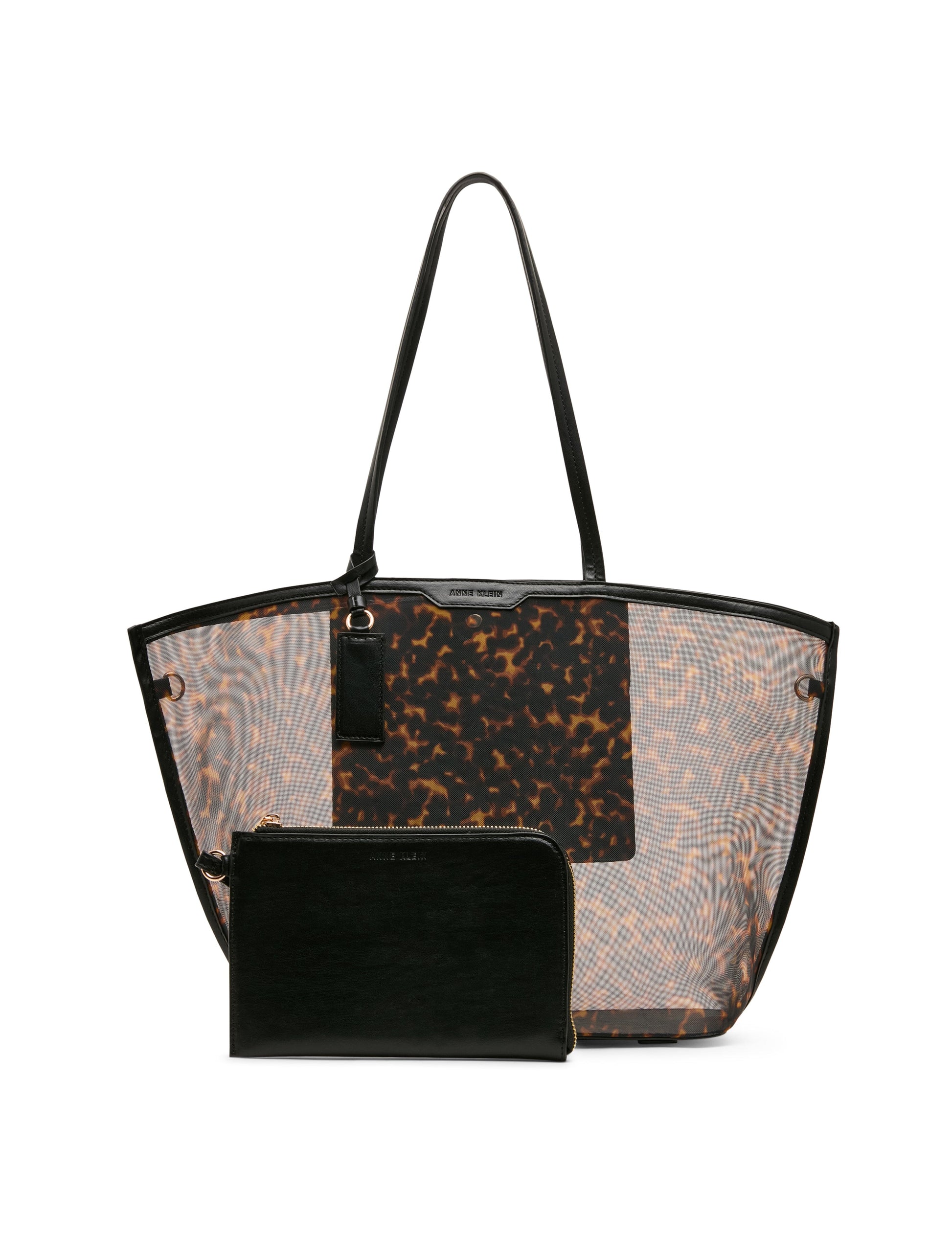 Anne Klein Printed Mesh Tote Bag with Pouch in Tortoise: Black Multi / Black | An