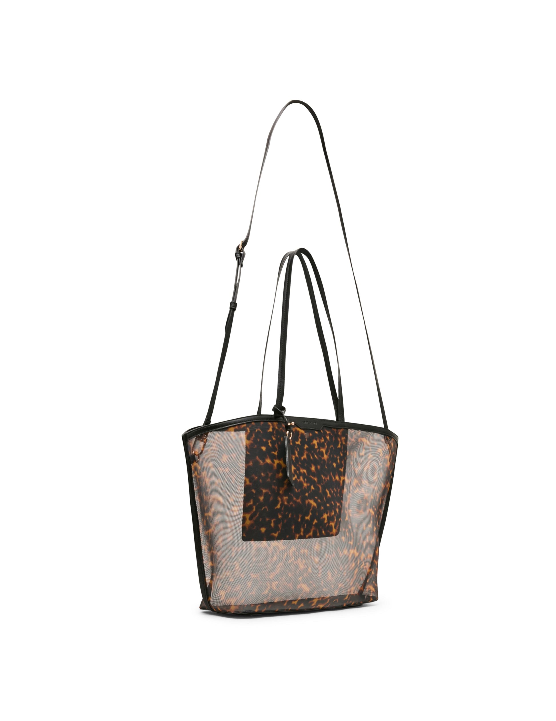 Anne Klein Printed Mesh Tote Bag with Pouch in Tortoise: Black Multi / Black | An