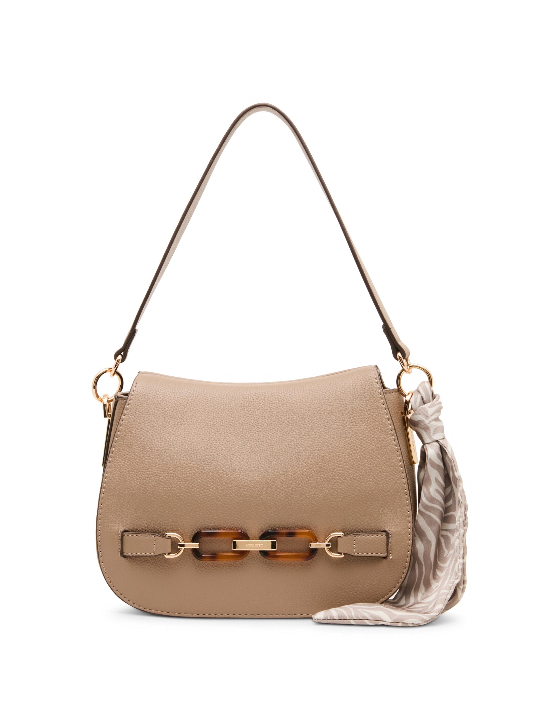 Anne Klein Flap Shoulder Bag with Scarf Detail in Truffle / Pearl White-Sesame |