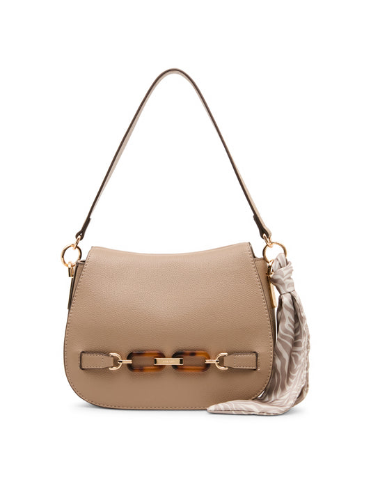 Anne Klein Flap Shoulder Bag with Scarf Detail in Truffle / Pearl White-Sesame |