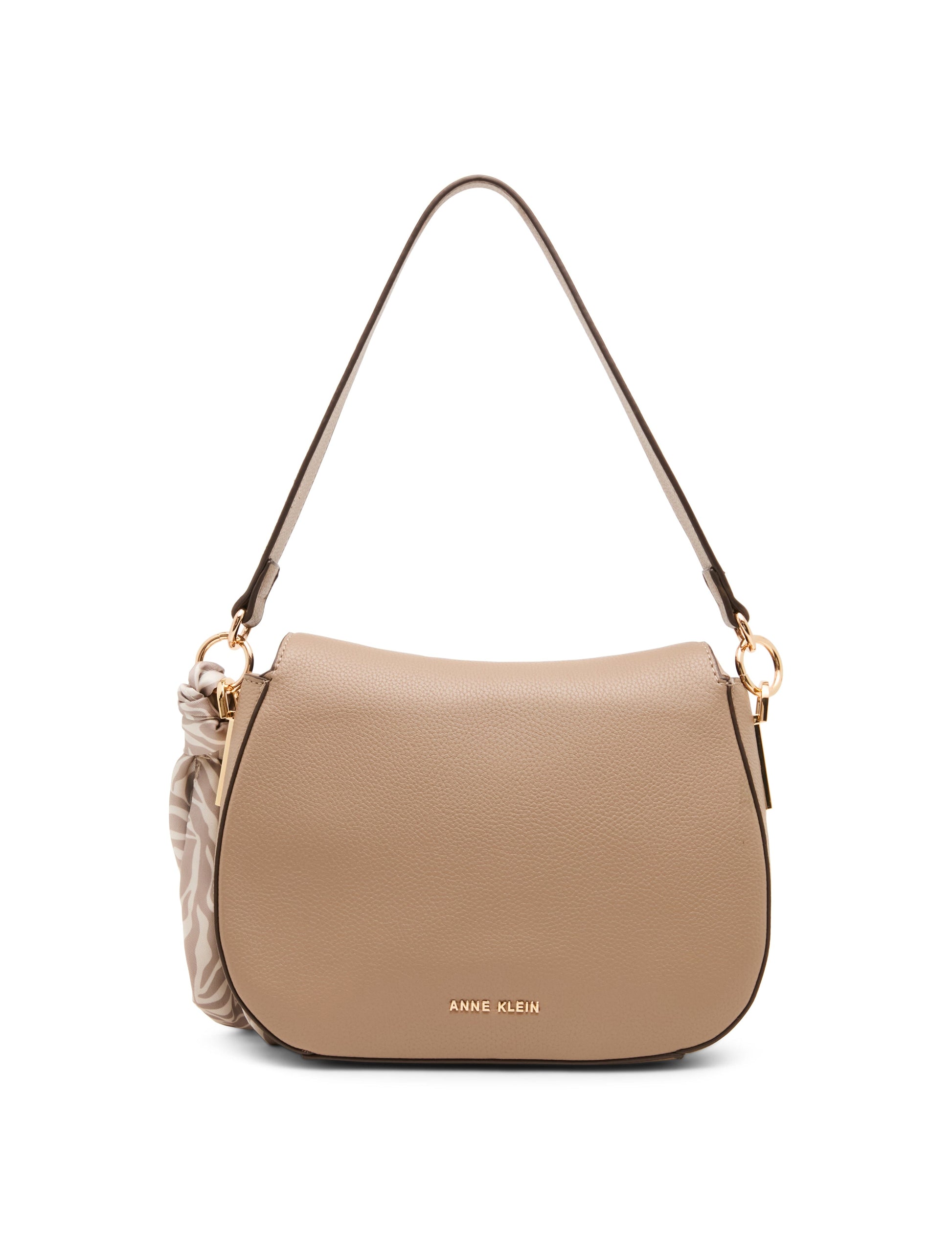 Anne Klein Flap Shoulder Bag with Scarf Detail in Truffle / Pearl White-Sesame |