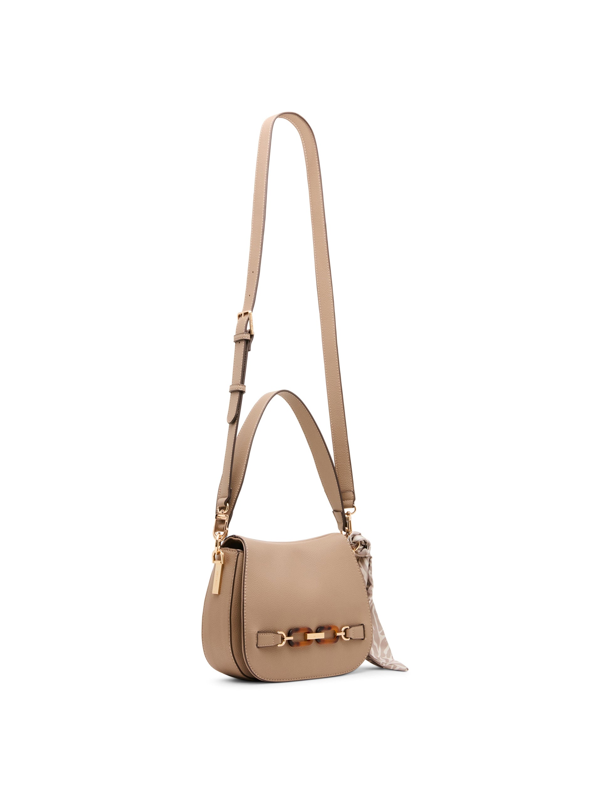 Anne Klein Flap Shoulder Bag with Scarf Detail in Truffle / Pearl White-Sesame |
