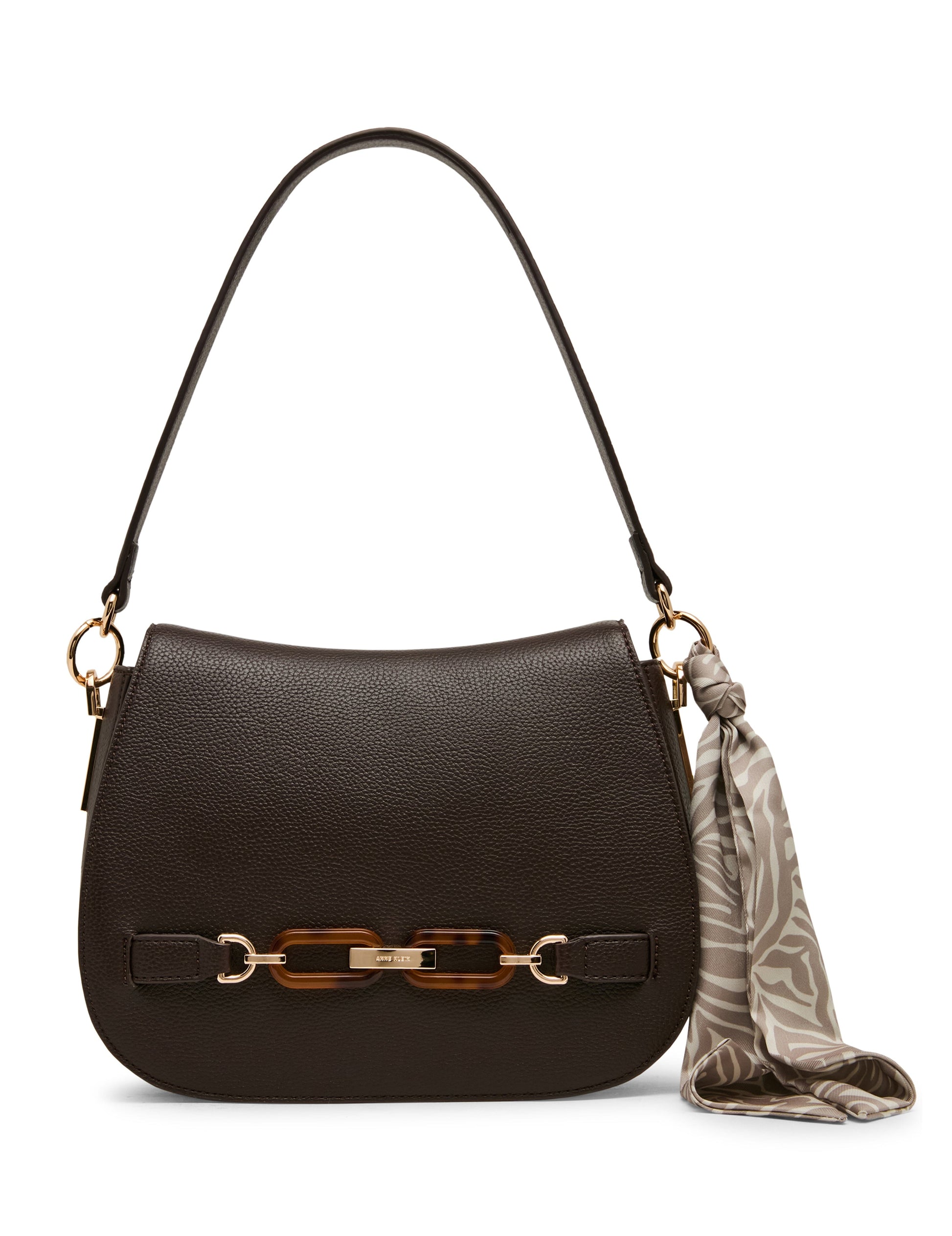 Anne Klein Flap Shoulder Bag with Scarf Detail in Espresso / Pearl White-Sesame |