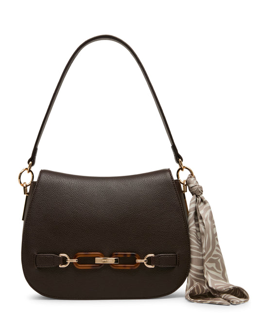 Anne Klein Flap Shoulder Bag with Scarf Detail in Espresso / Pearl White-Sesame |
