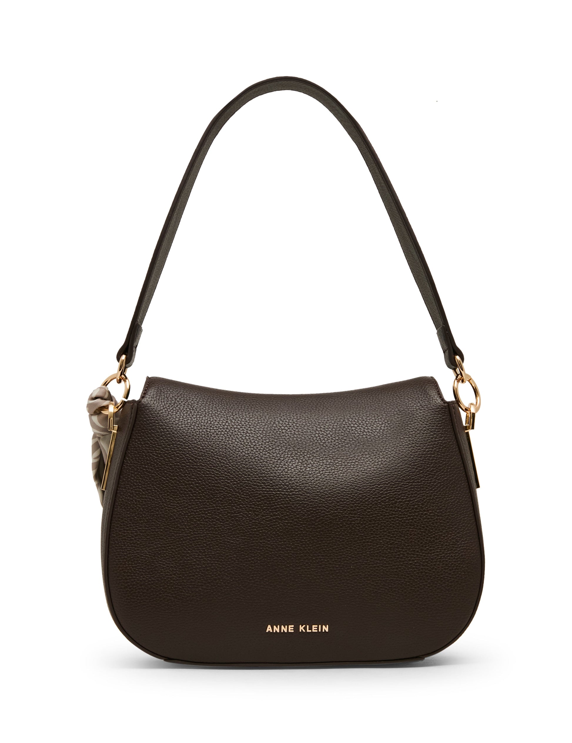 Anne Klein Flap Shoulder Bag with Scarf Detail in Espresso / Pearl White-Sesame |