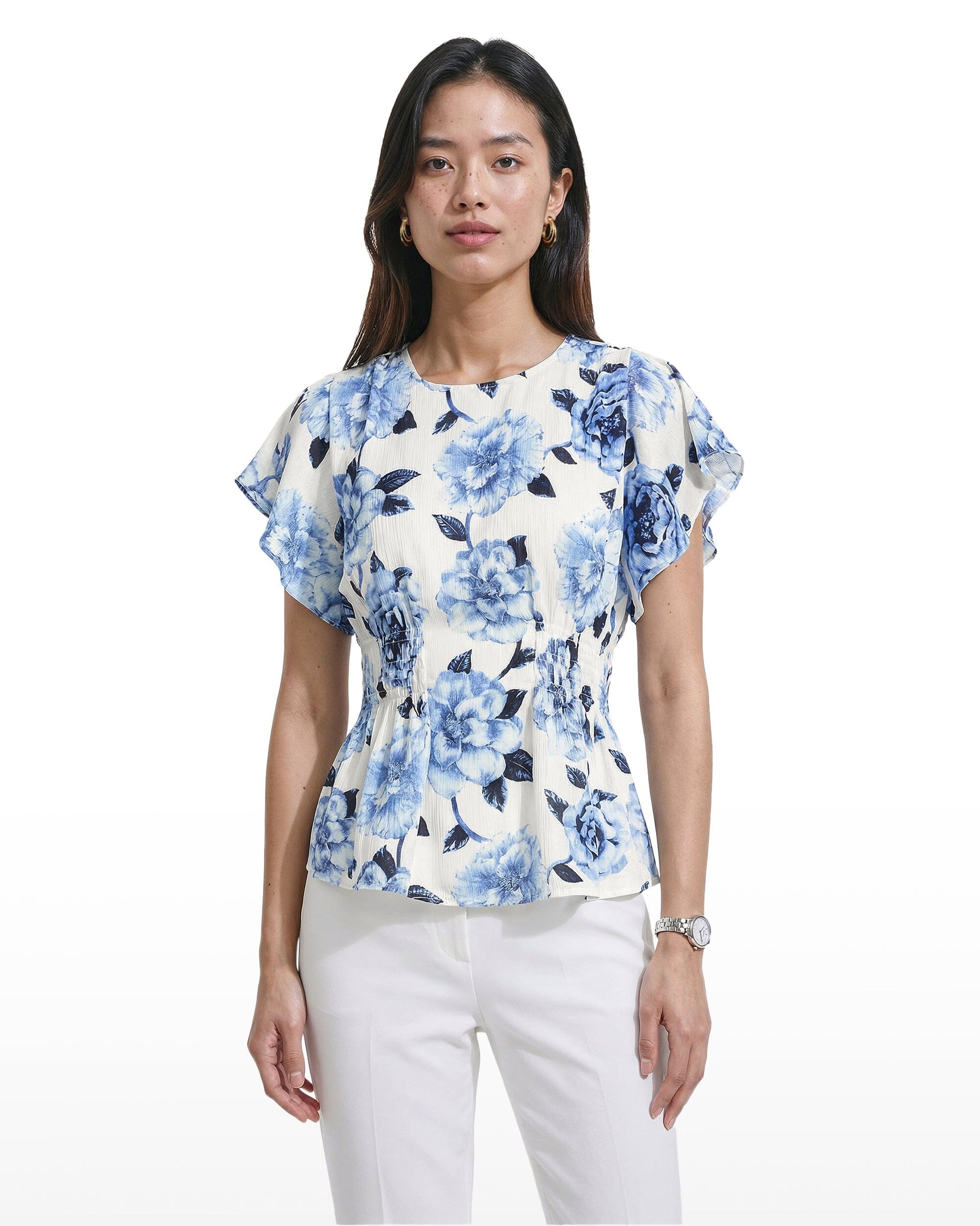 Anne Klein Smocked Waist Flutter Sleeve Blouse