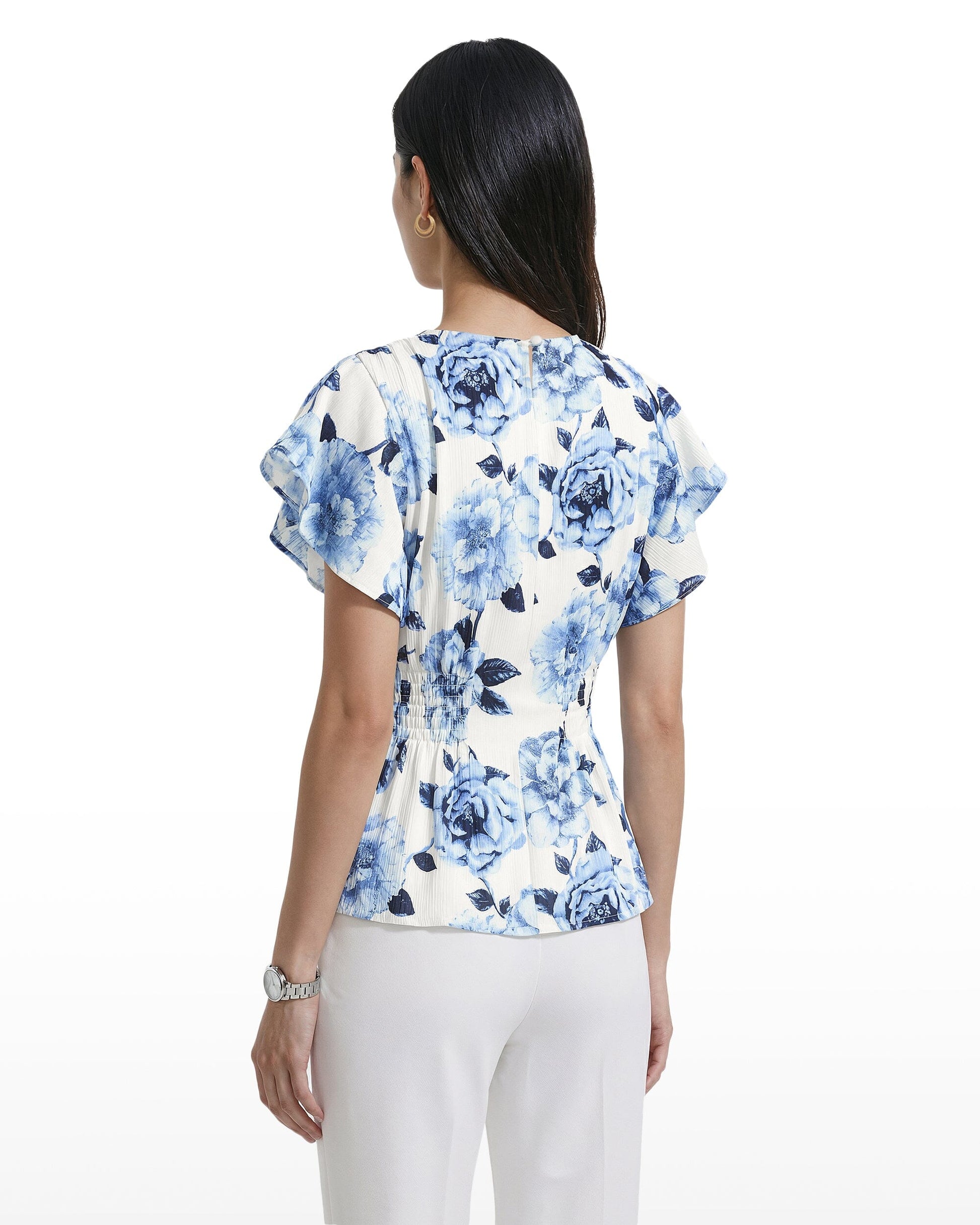 Anne Klein Smocked Waist Flutter Sleeve Blouse