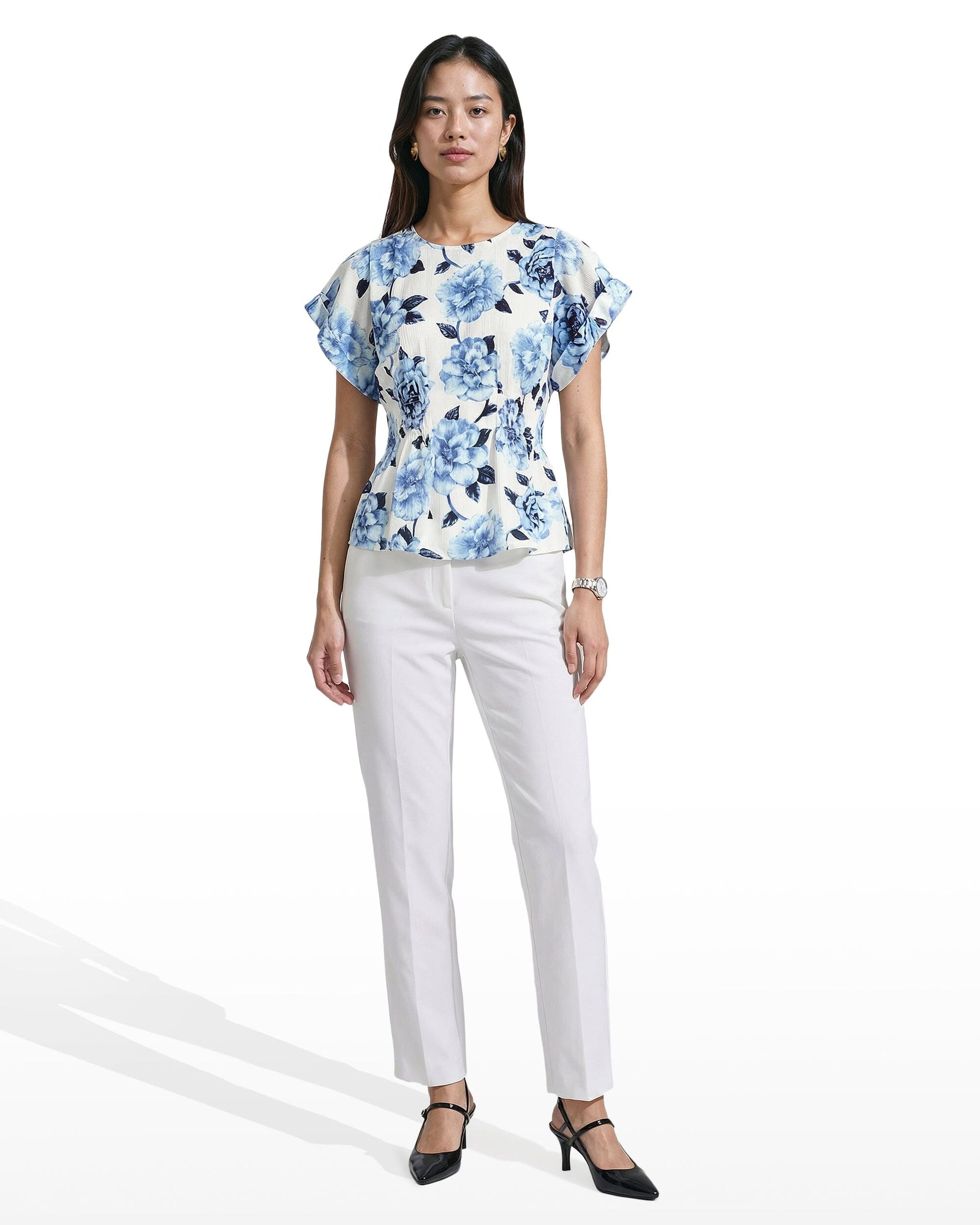 Anne Klein Smocked Waist Flutter Sleeve Blouse