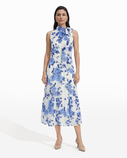 Anne Klein Tie Neck Tiered Midi Dress