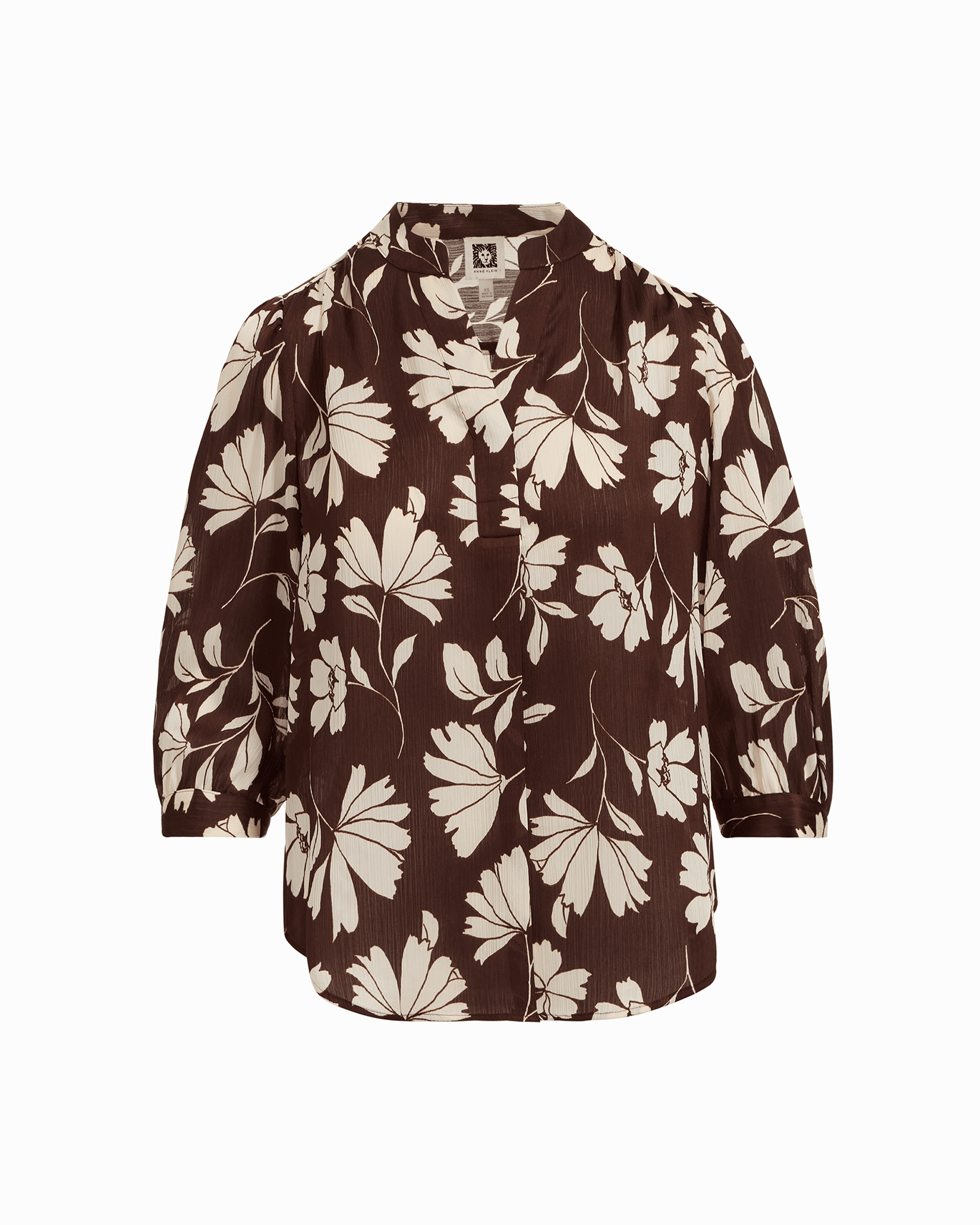 Anne Klein Y-Neck Blouse with Three-Quarter Sleeves in DK CHOC / WHT DV | Anne Kl