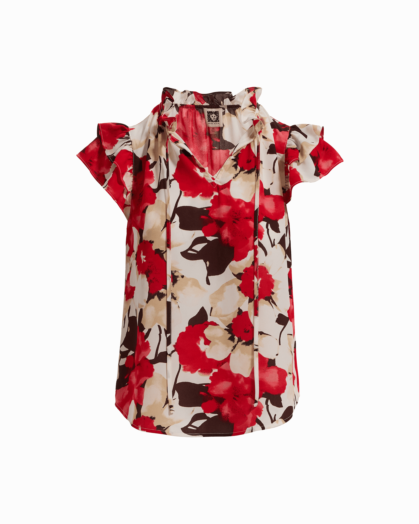 Anne Klein Ruffle Sleeve V-Neck Tie Blouse in WHITE DOVE MULTI