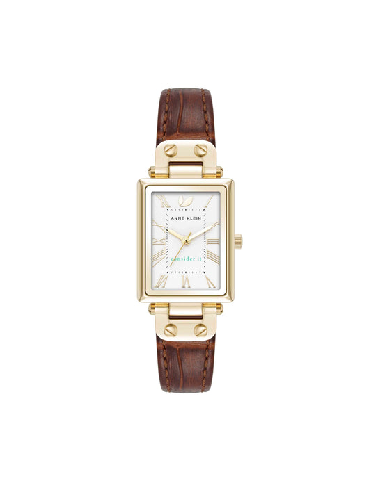 Anne Klein Rectangular Case Leather Strap Watch