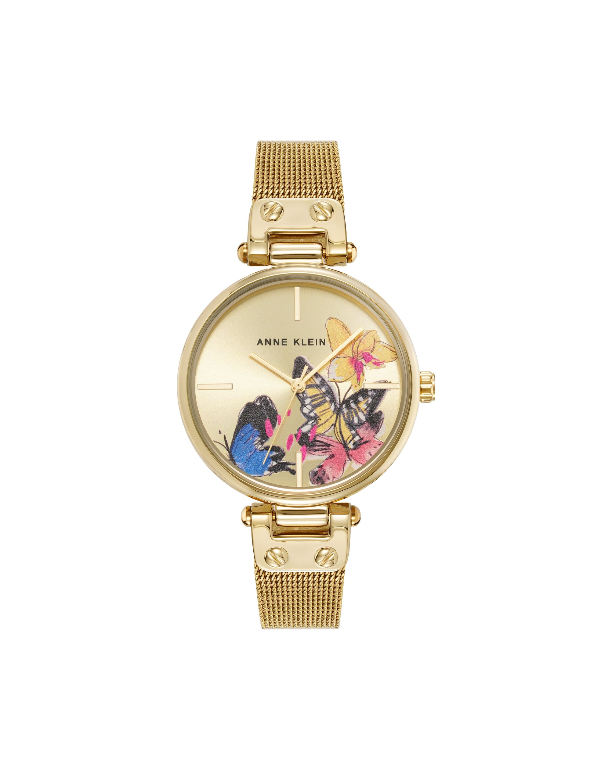 Anne Klein Butterfly Dial Leather Strap Watch in Gold-Tone