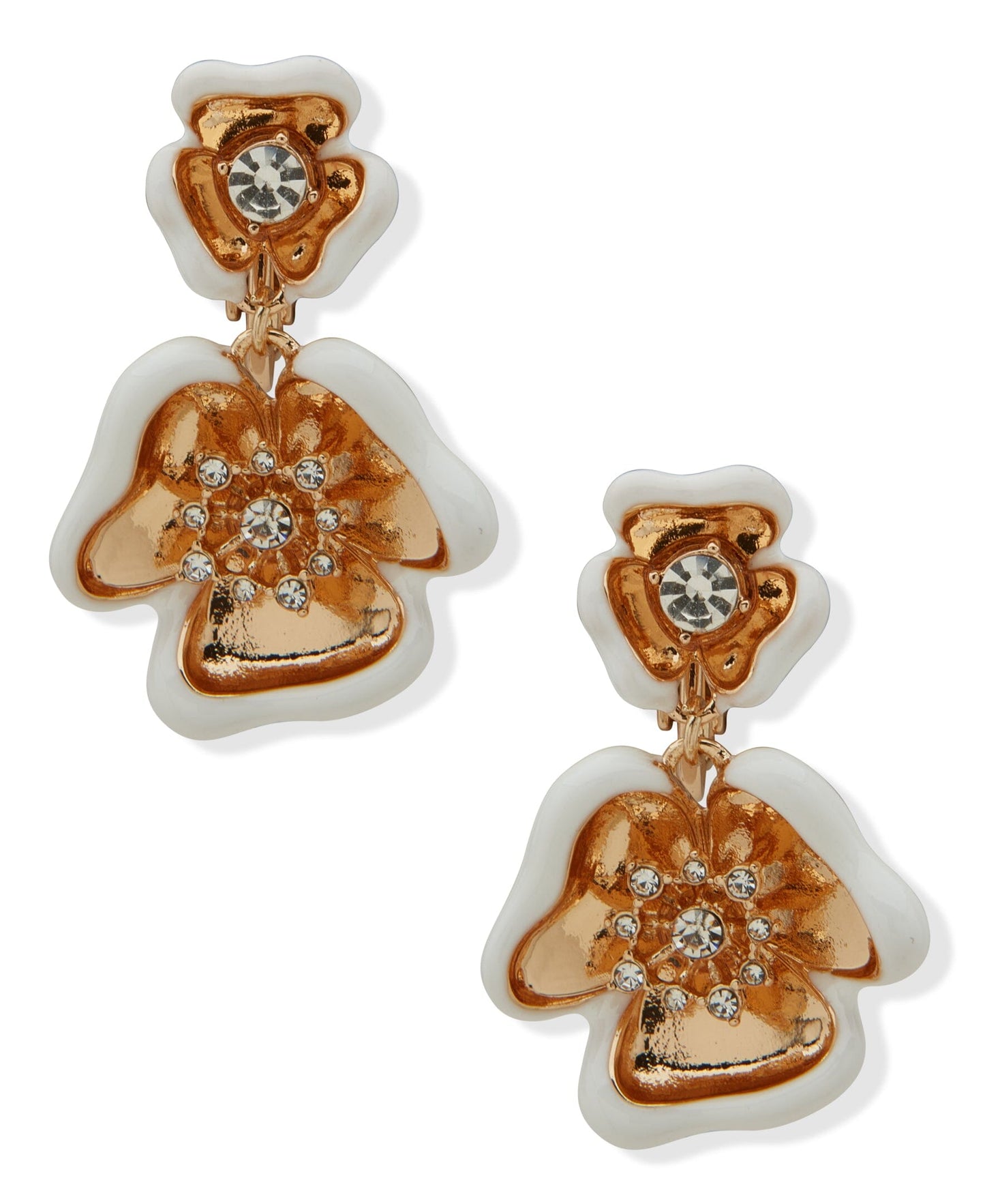 Anne Klein Double Textured Flower Drop Clip Earrings