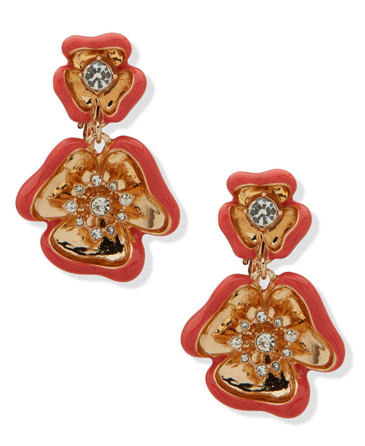 Anne Klein Textured Double Flower Drop Clip Earrings