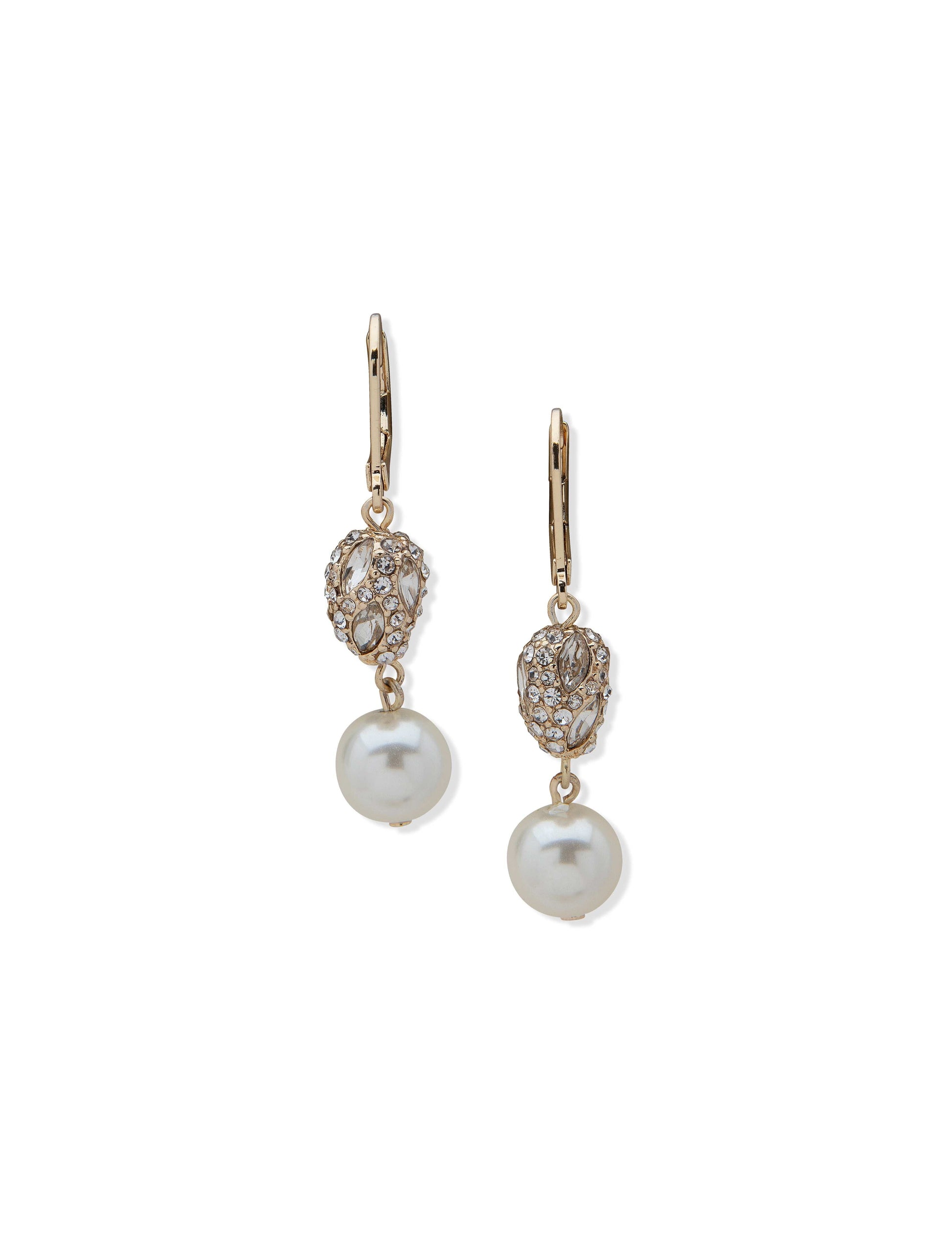 Anne Klein Double Drop Crystal Faux Pearl Nugget Earrings Gold