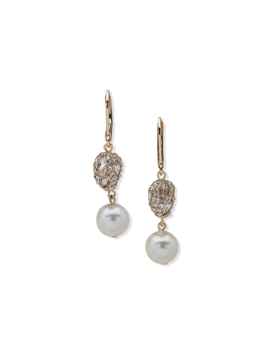 Anne Klein Double Drop Crystal Faux Pearl Nugget Earrings Gold