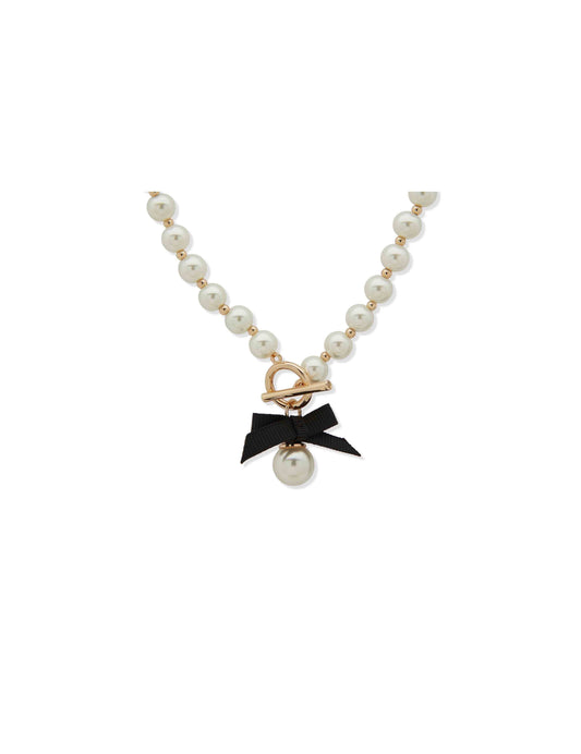Anne Klein Bow Toggle Necklace - Gold/Pearl