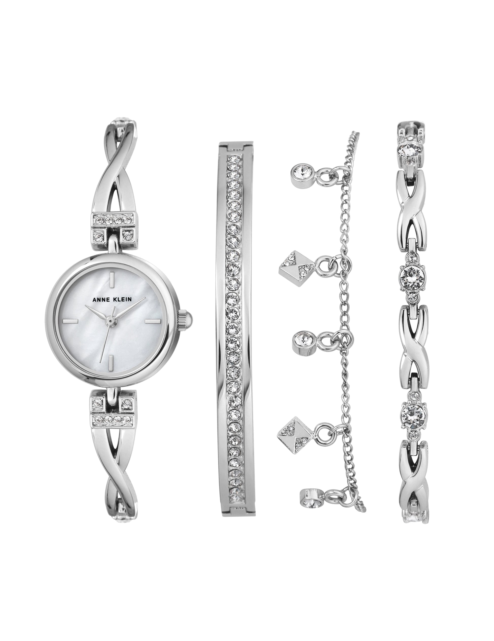 Anne Klein Crystal Watch & Bracelet Set in Silver
