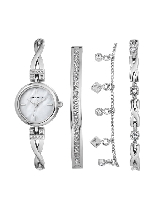 Anne Klein Crystal Watch & Bracelet Set in Silver