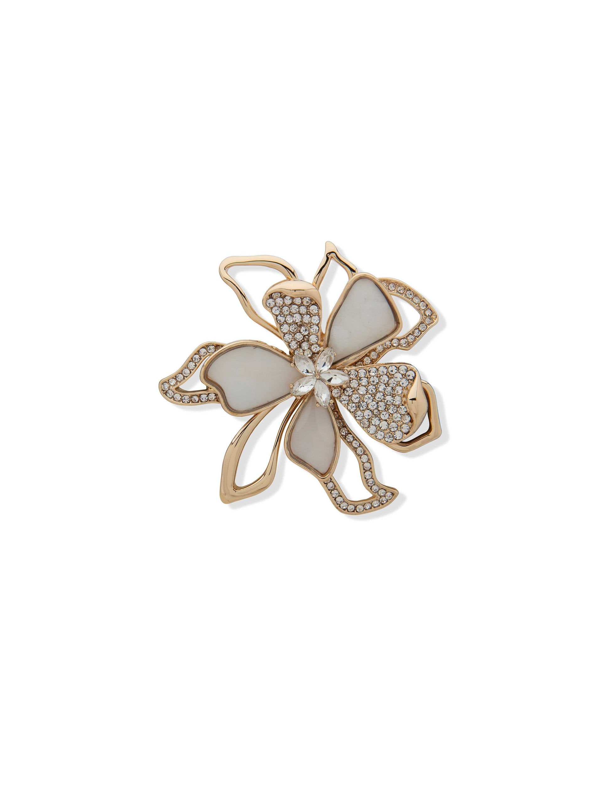 Anne Klein Crystal & Mother of Pearl Flower Brooch Gold-Tone