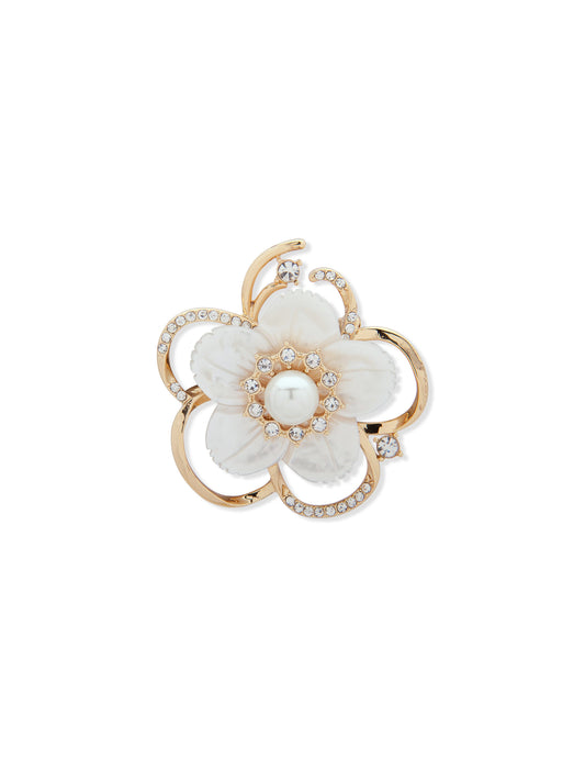 Anne Klein White Flower Brooch with Pearl & Crystals