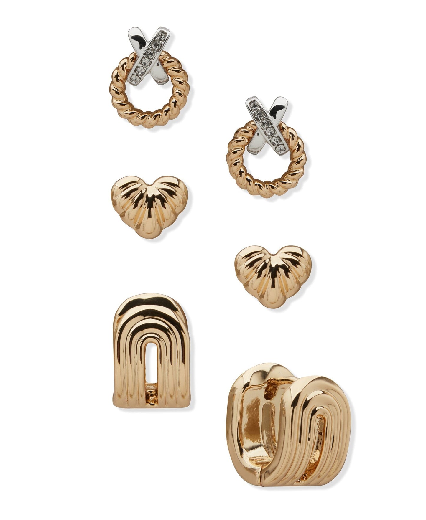 Anne Klein Heart and Fluted Twisted Metal Trio Pierced Earrings