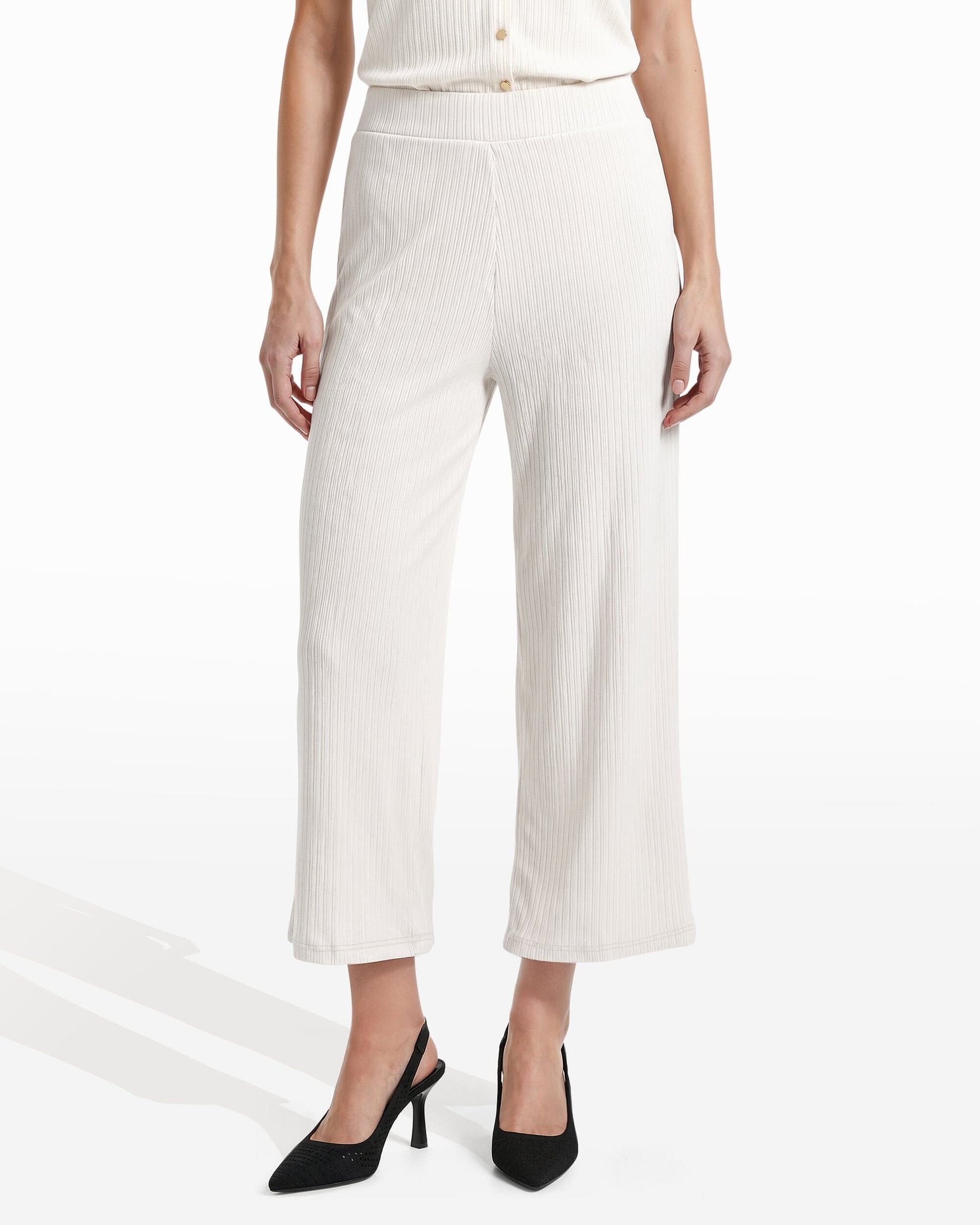 Anne Klein Wide Leg Crop Pull-On Pants with Wide Waistband in WHITE DOVE | Anne K