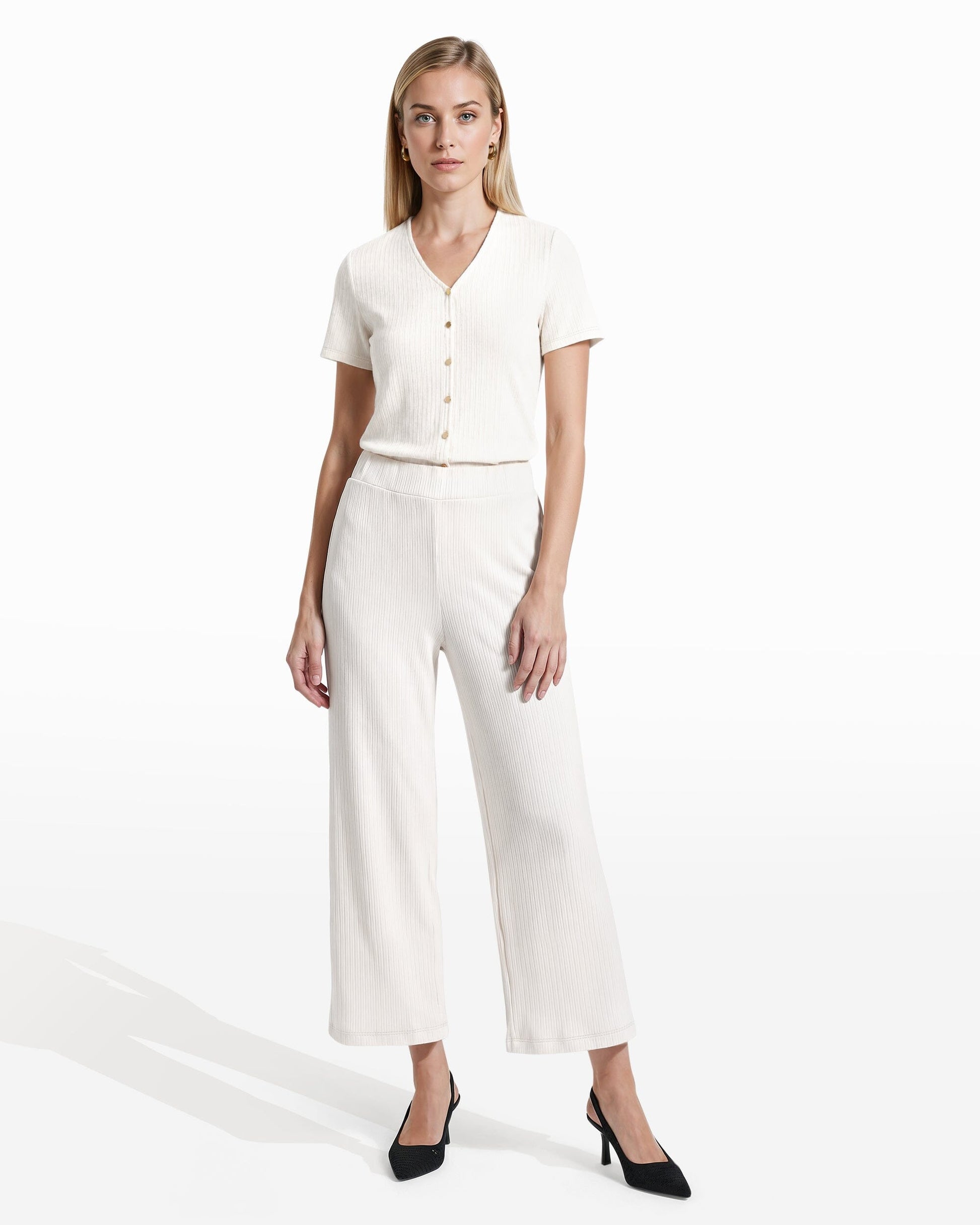 Anne Klein Wide Leg Crop Pull-On Pants with Wide Waistband in WHITE DOVE | Anne K