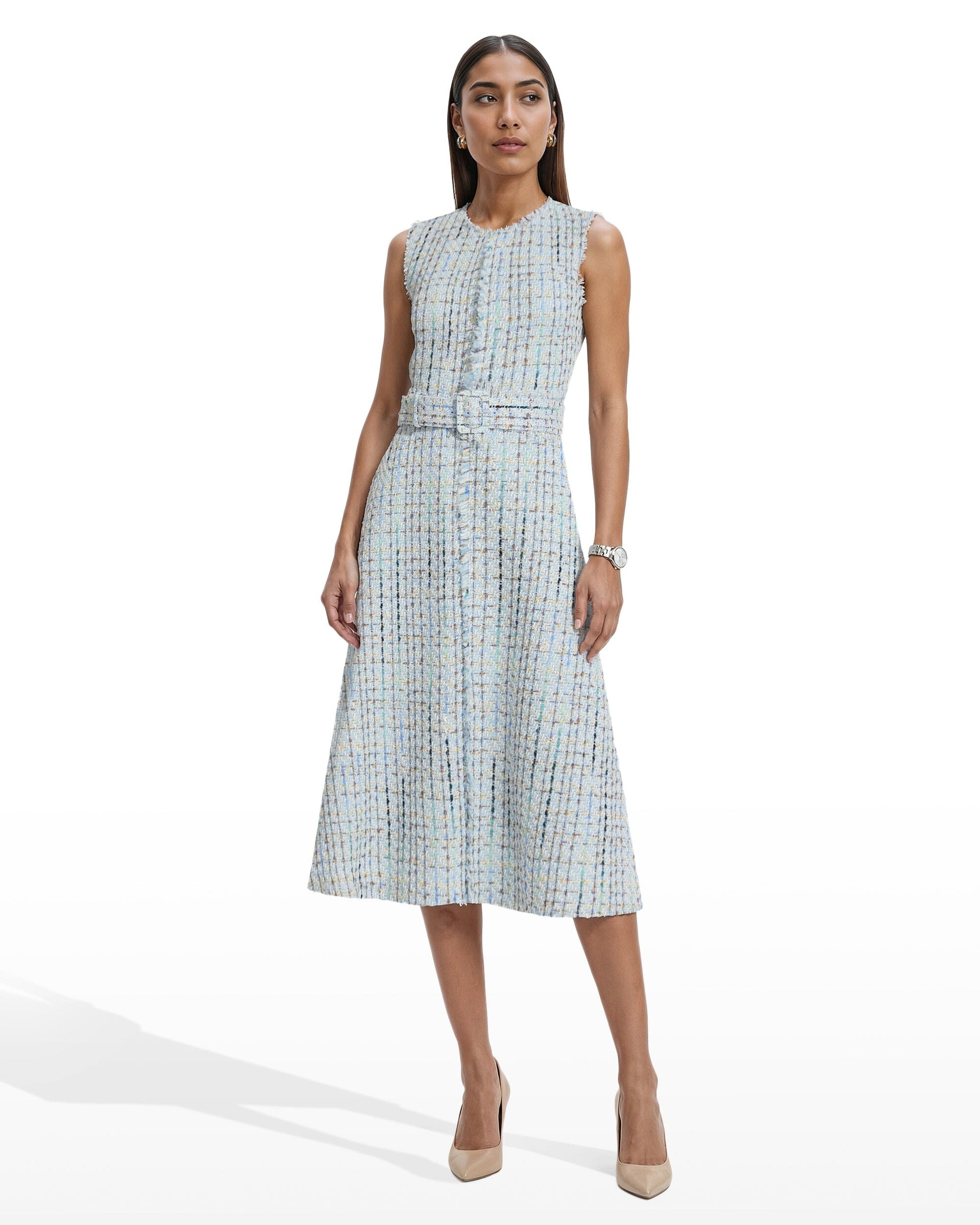 Anne Klein Fringed Tweed Midi Dress with Belt