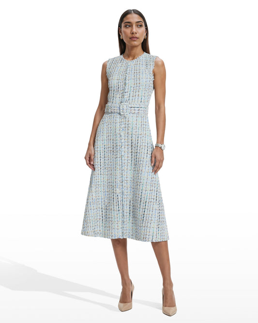 Anne Klein Fringed Tweed Midi Dress with Belt