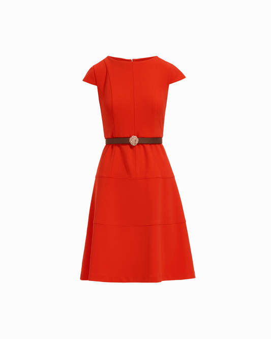 Anne Klein Cap Sleeve Tiered Skirt Belted Crew Neck Dress in CARROT